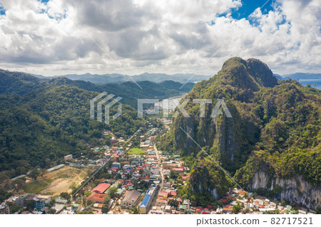 Aerial view on Taraw cliff over El Nido town in Palawan island, Philippines. 82717521