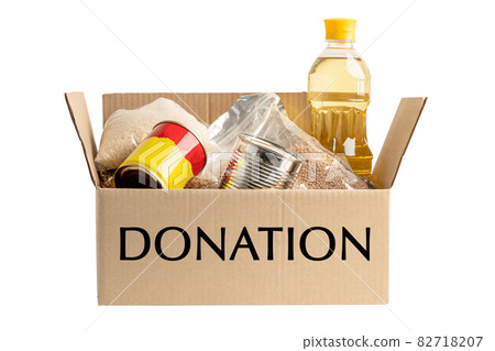 Donation box food support help for poor people in the world isolated on white background with clipping path. Donation box food support help for poor people in the world isolated on white background with clipping path. 82718207