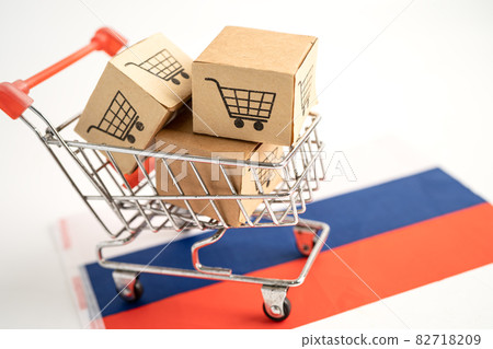 Box with shopping cart logo and Russia flag, Import Export Shopping online or eCommerce finance delivery service store product shipping, trade, supplier concept. 82718209