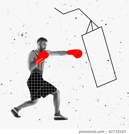 Creative artwork, design of young male boxer training, boxing drawn punching bag 82718287