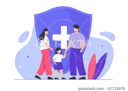 Family life insurance concept with young parents and kid Family life insurance concept with young parents and kid 82718970