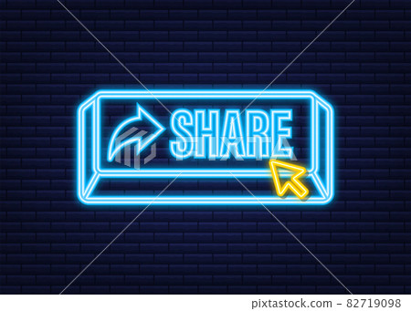 Share button in flat style on blue background. Neon icon. Social media. Vector stock illustration. Share button in flat style on blue background. Neon icon. Social media. Vector stock illustration. 82719098