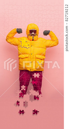Full-length creative collage of man standing in ski suit isolated over pink background. Portrait consist of puzzle pieces Full-length creative collage of man standing in ski suit isolated over pink background. Portrait consist of puzzle pieces 82719212