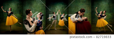 Composite image of portraits of ballet dancers couples in theater performance Snow White isolated on dark background. Concept of art, beauty, aspiration, creativity 82719833