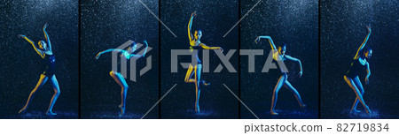 Young female ballet dancer under water drops and splashes. Caucasian ballerina dancing in neon lights. Creative art collage. 82719834