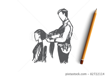 Model, professional hairdresser, beauty salon, trendy, concept. Hand drawn isolated vector. 82722114