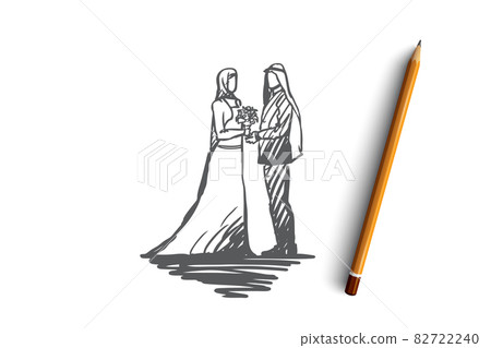 Wedding, groom, bride, couple, muslim concept. Hand drawn isolated vector 82722240