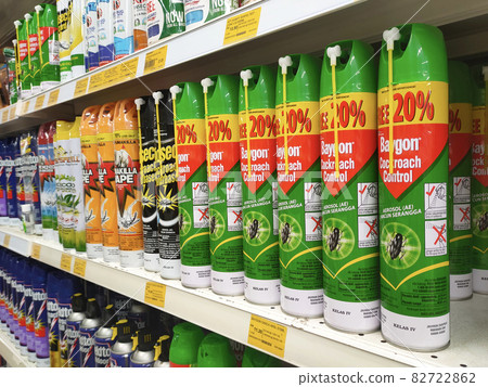 PENANG, MALAYSIA -MARCH 5, 2021: Selective focused on aerosol insecticides cans and displayed on shelves for sale in the supermarket. Separated by the brand to facilitate buyers. PENANG, MALAYSIA -MARCH 5, 2021: Selective focused on aerosol insecticides cans and displayed on shelves for sale in the supermarket. Separated by the brand to facilitate buyers. 82722862