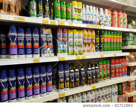 PENANG, MALAYSIA -MARCH 5, 2021: Selective focused on aerosol insecticides cans and displayed on shelves for sale in the supermarket. Separated by the brand to facilitate buyers. PENANG, MALAYSIA -MARCH 5, 2021: Selective focused on aerosol insecticides cans and displayed on shelves for sale in the supermarket. Separated by the brand to facilitate buyers. 82722863