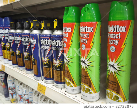PENANG, MALAYSIA -MARCH 5, 2021: Selective focused on aerosol insecticides cans and displayed on shelves for sale in the supermarket. Separated by the brand to facilitate buyers. PENANG, MALAYSIA -MARCH 5, 2021: Selective focused on aerosol insecticides cans and displayed on shelves for sale in the supermarket. Separated by the brand to facilitate buyers. 82722873