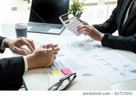 Business executive partner cooperation conference in investment ideas marketing planning and presentation finance project at meeting and strategy of business making to successful and growth profit 82723091