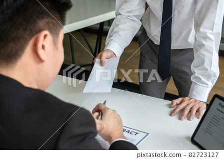 Employee sending resignation letter to boss employer consider in order to contract for quit or layoff of job leaving from work, resignation concept 82723127
