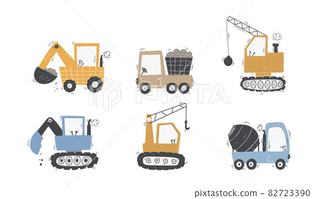 Cute children's set trucks and diggers in Scandinavian style on a white background. Building equipment. Funny construction transport 82723390