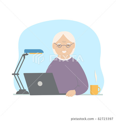 Happy grandma with laptop. Vector hand drawn illustration. 82723397