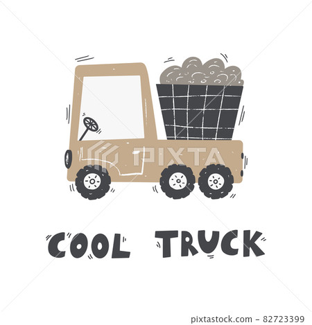 Cute cartoon truck with lettering - cool truck. Vector hand-drawn color children's illustration, poster. 82723399