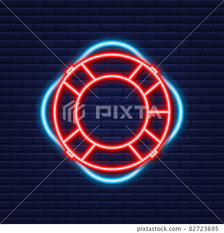 Lifebuoy icon, equipment of rescuers to save drowning people. Neon icon. Vector illustration. Lifebuoy icon, equipment of rescuers to save drowning people. Neon icon. Vector illustration. 82723695
