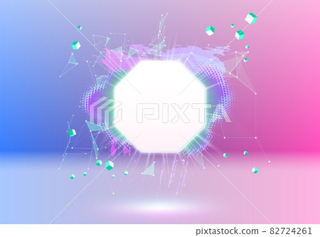 Abstract pink and blue vaporwave styled background with shiny neon frame, brush stroke, halftone blot and triangular dotted grid. 82724261