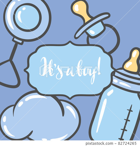 Happy Birthday greeting and invitation card. Holiday baby boy shower celebration simbols. 82724265