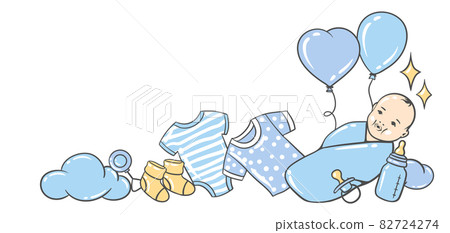 Happy Birthday greeting and invitation card. Holiday baby boy shower celebration simbols. 82724274