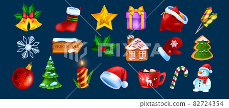 Christmas game UI icon set, vector x-mas winter holiday symbol kit, New Year cartoon design elements Christmas game UI icon set, vector x-mas winter holiday symbol kit, New Year cartoon design elements 82724354