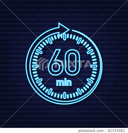 The 60 minutes, stopwatch vector neon icon. Stopwatch icon in flat style, timer on on color background. Vector illustration. 82724361