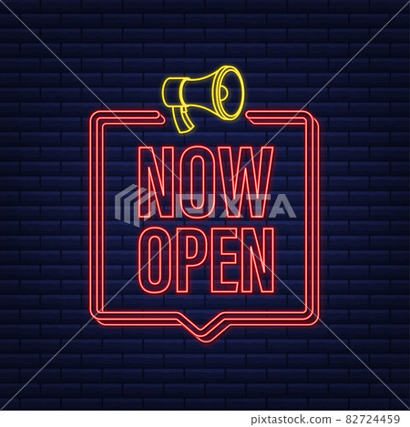 Neon megaphone label with now open. Megaphone banner. Web design. Vector stock illustration. 82724459