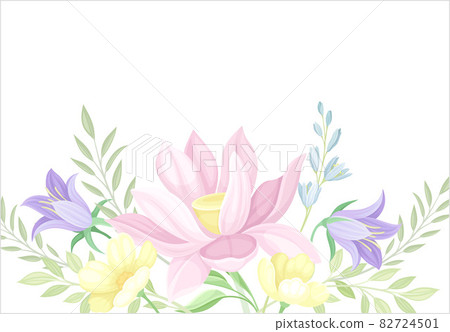 Greeting card with flowers and leaves in pastel colors. Wedding invitation, save the date, thank you, rsvp template design vector illustration Greeting card with flowers and leaves in pastel colors. Wedding invitation, save the date, thank you, rsvp template design vector illustration 82724501