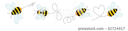 Set of cartoon bee mascot. A small bees flying on a dotted route. Wasp collection. Vector characters. Incest icon. Template design for invitation, cards. Doodle style Set of cartoon bee mascot. A small bees flying on a dotted route. Wasp collection. Vector characters. Incest icon. Template design for invitation, cards. Doodle style 82724917