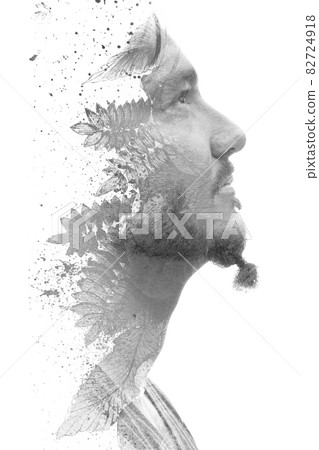 Paintography. Black and white detailed painting of plants combined with a profile portrait of a stylish young man Paintography. Black and white detailed painting of plants combined with a profile portrait of a stylish young man 82724918