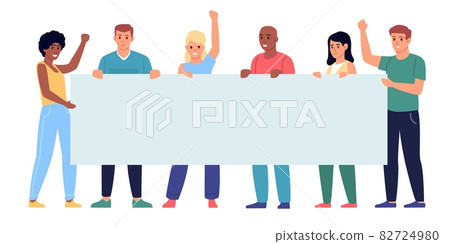 People holding banner. Different characters group holds in hands empty horizontal banner, socially active demonstrators, characters together with blank placard, vector concept 82724980