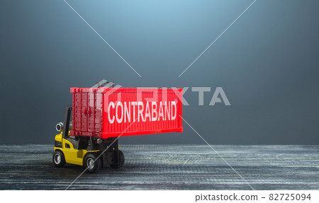 A forklift truck carries a red container contraband. Transportation of illegal prohibited goods. Border control, high corruption level. Drugs, alcohol and cigarettes smuggling. Damage to the economy. 82725094