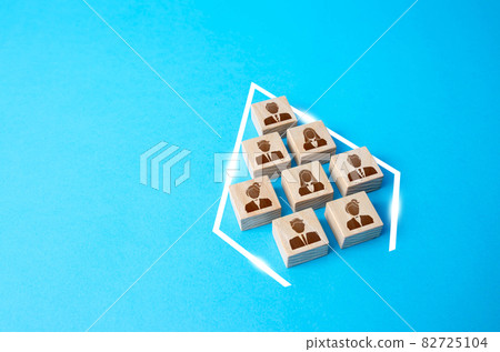 People are shaped into an arrowhead. Organizing into an effective team. Combining into an organized group. Cooperation and teamwork. Consolidation, strengthening. Common interest, problem solving. 82725104