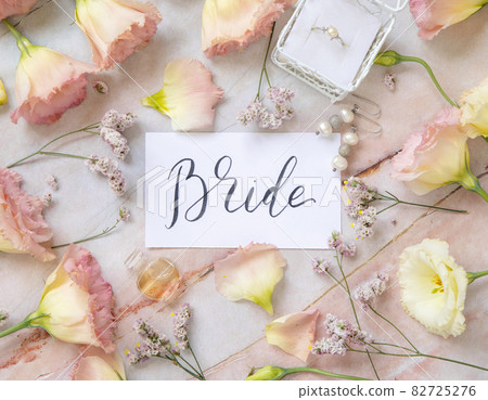 Card with the text BRIDE surrounded by pink flowers 82725276