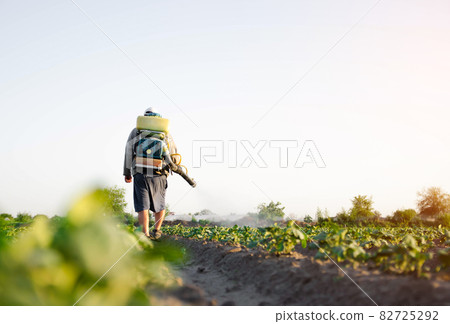 Farmer sprays pesticides on plantation. Agriculture and agro industry. Use of chemicals for protection of plants from insects and fungal infections. Farm work on field. Pesticides and fungicides. Farmer sprays pesticides on plantation. Agriculture and agro industry. Use of chemicals for protection of plants from insects and fungal infections. Farm work on field. Pesticides and fungicides. 82725292
