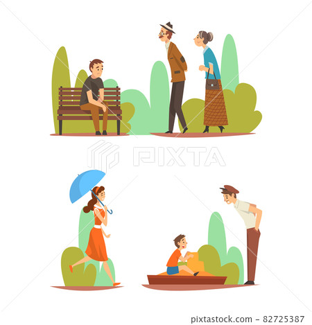 People Character Enjoying Outdoor Walk Sitting on Bench in the Park and Strolling Vector Set People Character Enjoying Outdoor Walk Sitting on Bench in the Park and Strolling Vector Set 82725387