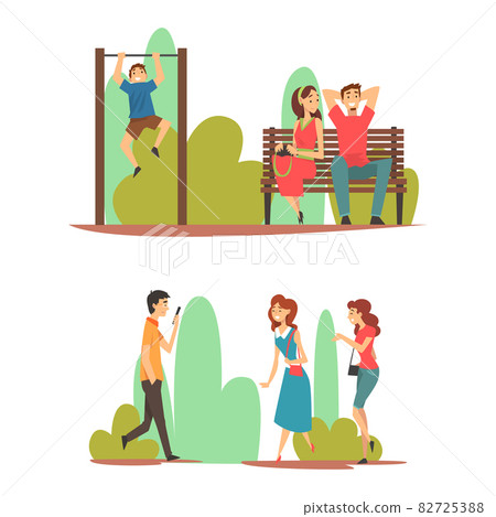 People Character Enjoying Outdoor Walk Sitting on Bench and Talking Vector Set People Character Enjoying Outdoor Walk Sitting on Bench and Talking Vector Set 82725388