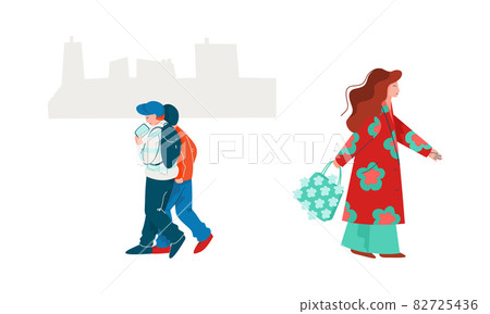 People Character Walking Along the Street in Spring Season Vector Illustration Set People Character Walking Along the Street in Spring Season Vector Illustration Set 82725436