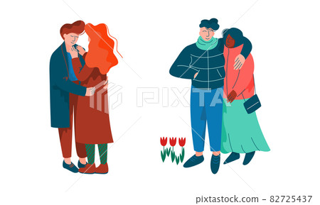 Young Male and Female Couple Embracing Feeling Love and Affection Vector Set 82725437