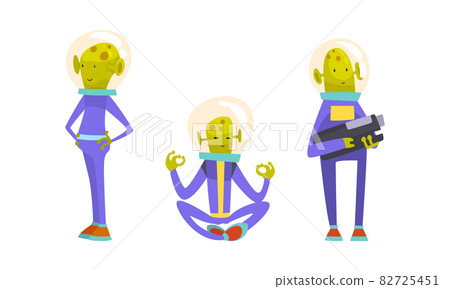 Funny Green Alien Character Wearing Space Suit Holding Weapon and Sitting in Lotus Yoga Pose Vector Set Funny Green Alien Character Wearing Space Suit Holding Weapon and Sitting in Lotus Yoga Pose Vector Set 82725451