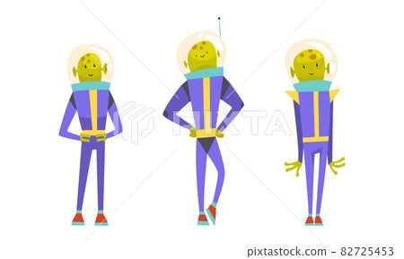 Funny Green Alien Character Wearing Space Suit Standing and Smiling Vector Set 82725453