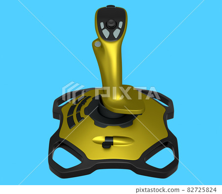 Realistic yellow joystick for flight simulator isolated on blue background. 3D rendering of streaming gear for cloud gaming or gamer workspace concept 82725824