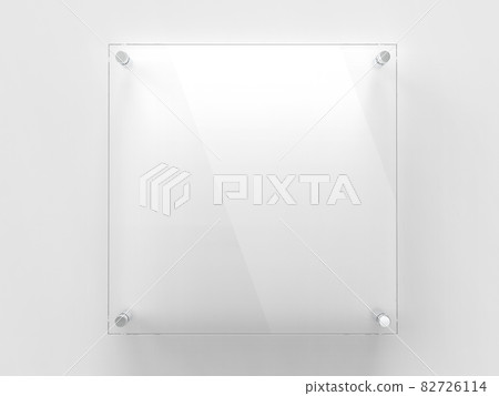 Blank square transparent glass office corporate Signage plate Mock Up Template, Clear Printing Board For Branding, Logo. Transparent acrylic advertising signboard mockup front view. 3D rendering 82726114