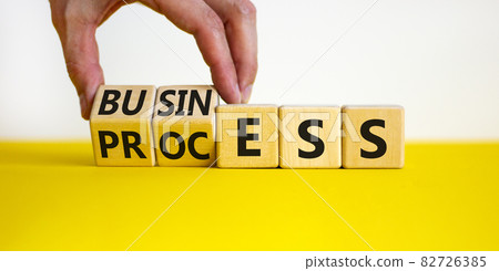 Success business process symbol. Businessman turns wooden cubes with words 'business process'. Beautiful white background, copy space. Success business process concept. 82726385