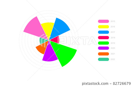 Circle chart example. Wheel diagram with 8 colorful segments of different sizes. Statistical infographic template. Finance round graph design layout Circle chart example. Wheel diagram with 8 colorful segments of different sizes. Statistical infographic template. Finance round graph design layout 82726679