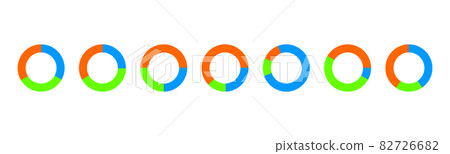 Donut chart examples. Circle diagrams divided in 3 sections of different colors. Simple infographic pie or wheel templates. Round shapes cut in three parts Donut chart examples. Circle diagrams divided in 3 sections of different colors. Simple infographic pie or wheel templates. Round shapes cut in three parts 82726682