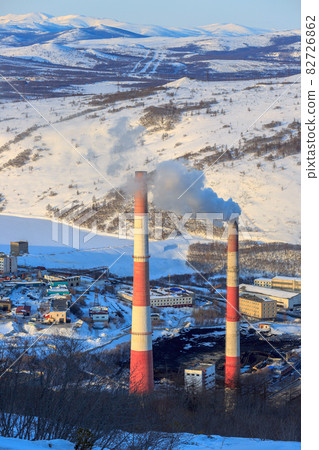 Smoke pipes of the Magadan combined heat and power plant. Magadan, Far East of Russia. Smoke pipes of the Magadan combined heat and power plant. Magadan, Far East of Russia. 82726862