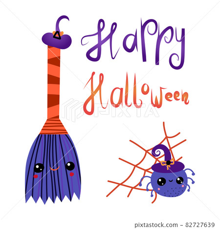 Autumn Halloween kawaii vector design with cute broom and spider. Illustration for kids, celebration, web, print, etc.  82727639