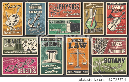 University, academy faculties vector retro banners. Programming information technology, painting and musical arts, chemistry, genetics and botany college, taxes and accounting. Higher school education 82727724