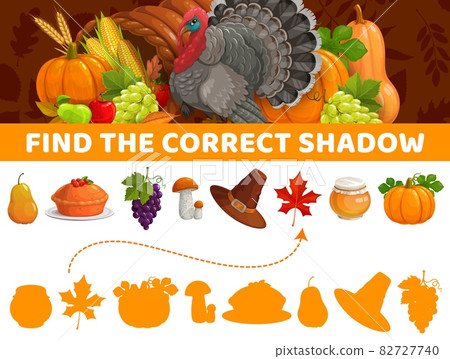Find correct shadow, Thanksgiving autumn items, vector kids game or tabletop riddle. Find and match same silhouette of Thanksgiving pumpkin, apple pie, mushroom and honey, cartoon board game puzzle 82727740