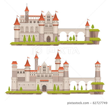 Cartoon medieval fairytale stone castle with towers, gate and flags. Ancient palace, vector fantasy fortress or kings residence with high walls, drawbridge, terraces and stone towers Cartoon medieval fairytale stone castle with towers, gate and flags. Ancient palace, vector fantasy fortress or kings residence with high walls, drawbridge, terraces and stone towers 82727749